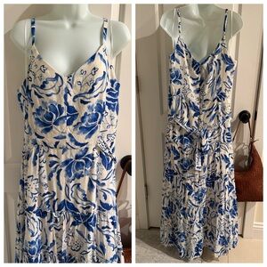 MSK Blue and White Ruffle Skirt Maxi Sundress with back tie.
